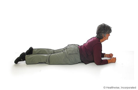 Press-up back extension for ankylosing spondylitis (front of hips on floor) Press-up back extension for ankylosing spondylitis (front of hips on floor)