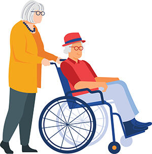 older woman pushing older man in wheelchair