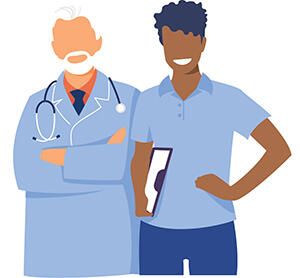 Illustration of doctor and healthcare worker Primary Care