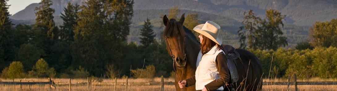 Cowgirl walking with horse in field at dusk 