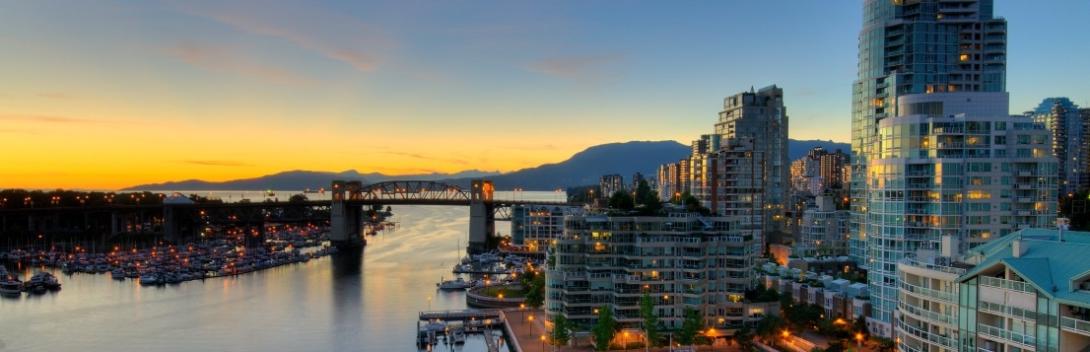 Vancouver skyline at dusk. 